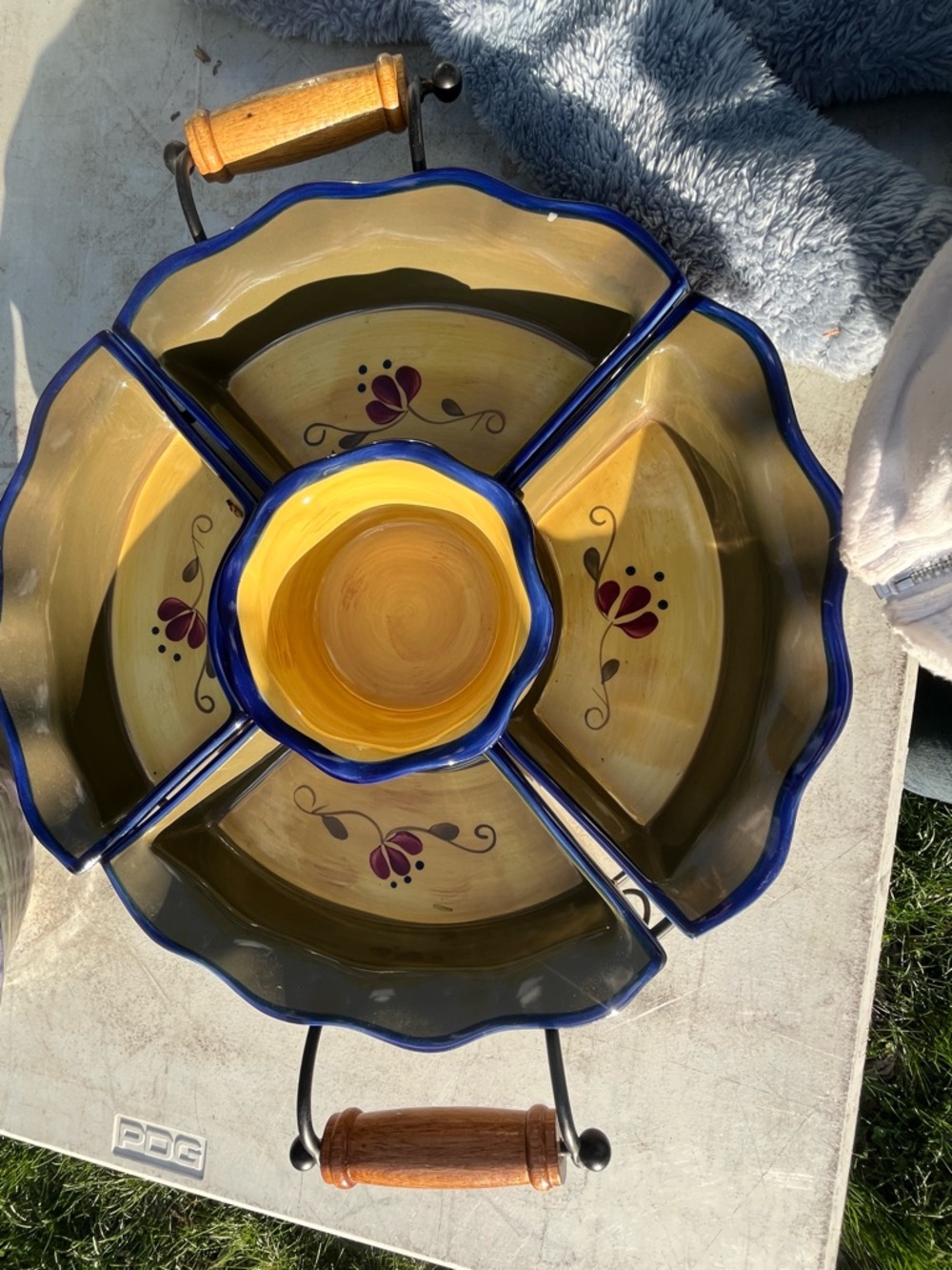 Decorative Ceramic Divided Serving Tray with Center Bowl - Yellow & Blue